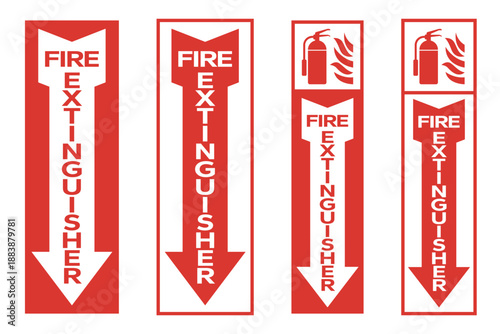 Fire extinguisher sign set. Firefighters tools for flame fighting. Fire extinguisher symbol, logo, badge, icon, sticker, label, banner, arrow, red, circle, line, flat vector, isolated illustration.