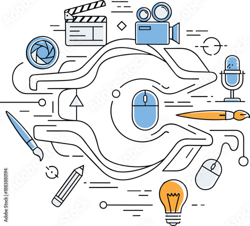 Creative content workflow illustration with multimedia tools, digital production process, visual storytelling concept, modern marketing design