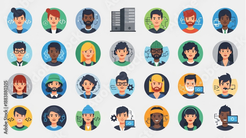 Diverse group of cartoon people avatars in circles.