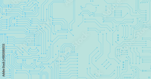 Abstract digital circuit board on an electric blue technological background. Circuit board with connected lines and dots on an abstract digital motherboard. 