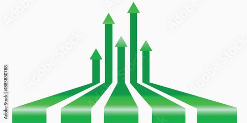 Five vibrant green arrows pointing upwards, symbolizing growth, progress, and increasing trends in business or data visualization.