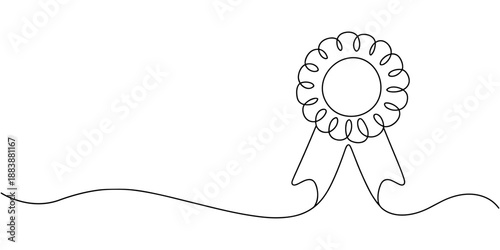 Award badge continuous one line drawing. Isolated on white background vector illustration. Pro vector, Continuous one line shape award isolated vector illustration. Award Ribbon Continuous Line Icon