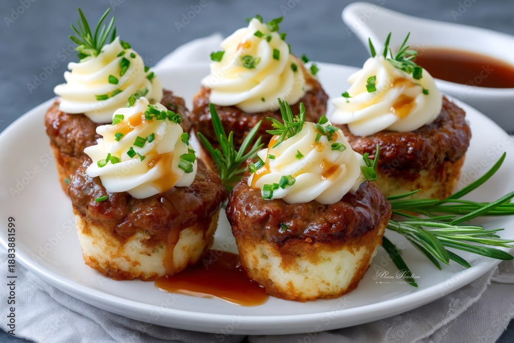Fototapeta premium Meatloaf cupcakes with mashed potato frosting and gravy