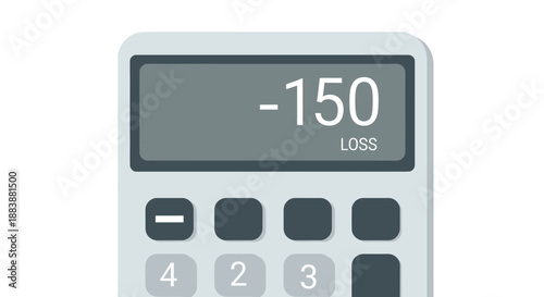 Close-up view of a gray calculator showing a negative loss display, with simple button row on a plain white studio backdrop