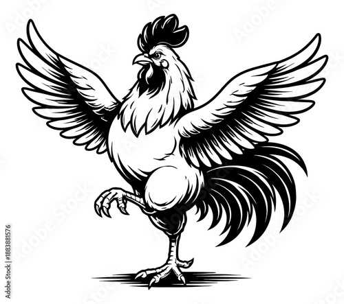 Bold line art illustration of a rooster depicting a dominant stance with spread wings for agriculture and branding