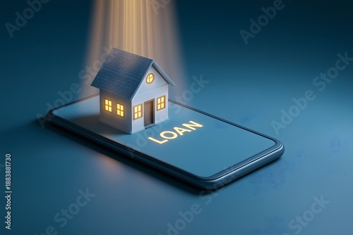 Digital Mortgage Concept Featuring House Model Above Smartphone Screen