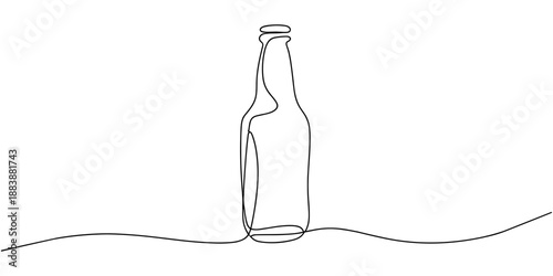 Beer bottle in one line art style. Drawing of a bottle and a glass of beer with an editable black stroke on a white background. Vector illustration.