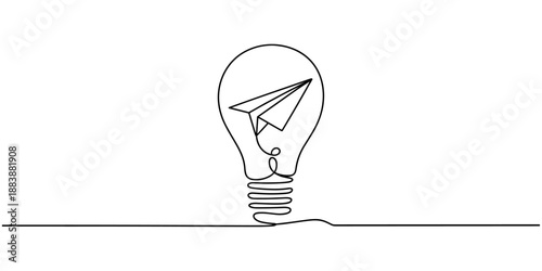 bulb with paper plan continuous one line Light Bulb, Creativity, Aspirations Continuous Line Icon, Continuous line drawing paper plane, mind, and bulb. Creative solution strategy landing page vector.