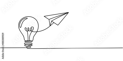 bulb with paper plan continuous one line Light Bulb, Creativity, Aspirations Continuous Line Icon, Continuous line drawing paper plane, mind, and bulb. Creative solution strategy landing page vector.