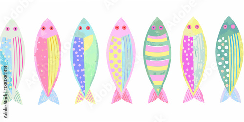 a colorful row of whimsical cartoon fish with diverse patterns and bright hues