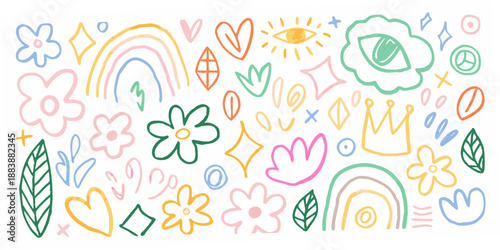 colorful hand drawn doodles and illustrations featuring various whimsical shapes and icons