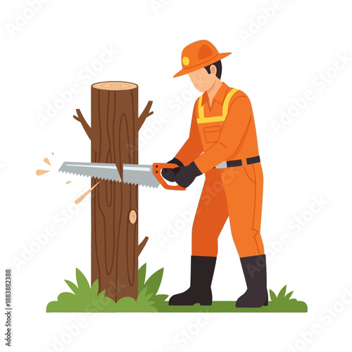Arborist cutting tree stump with handsaw, safety gear, outdoor work, illustration