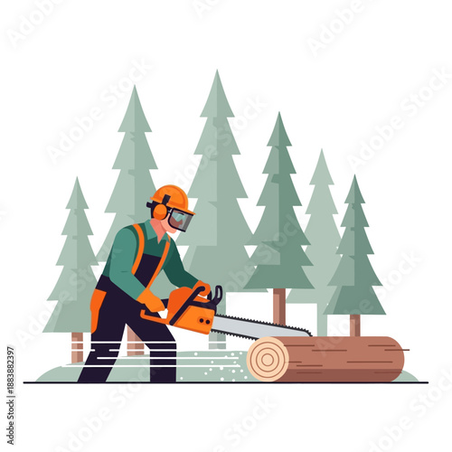 Woodcutter using chainsaw to cut log in forest with pine trees background
