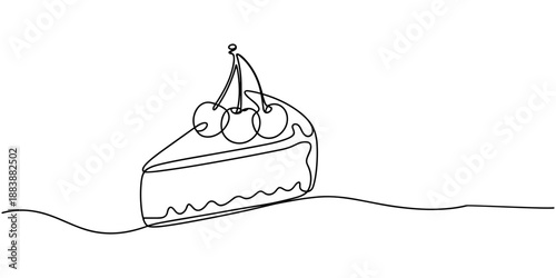 Continuous one line drawing of sliced cake - food and beverage concept. Cheese cake with strawberry and cherries in single line draw illustration, on white background.