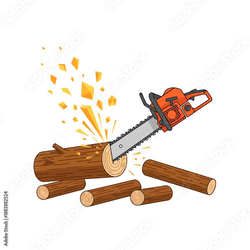 Chainsaw Cutting Wood Log with Debris Flying