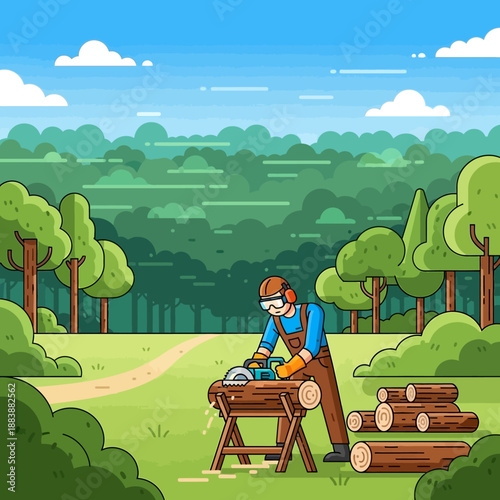 Woodcutter sawing log with circular saw in forest, flat illustration