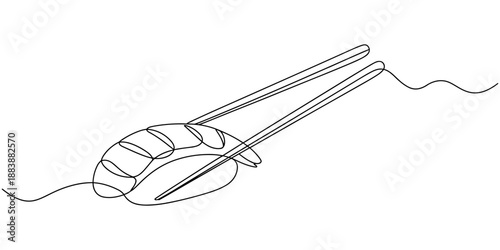 One line Drawing or illustration of chopsticks holding a piece of sushi, Continuous Line Drawing of Sushi Icon. Hand Drawn Symbol Vector Illustration, Continuous one line drawing of chopsticks hold.