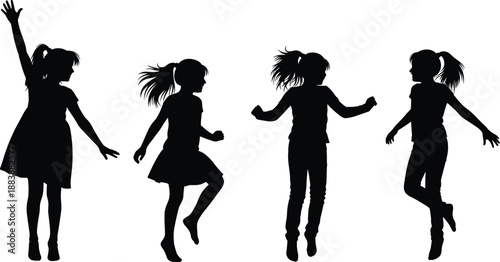 Silhouette of joyful girls jumping and dancing together, playful child movement isolated on white background, concept of freedom, happiness, energy, childhood fun