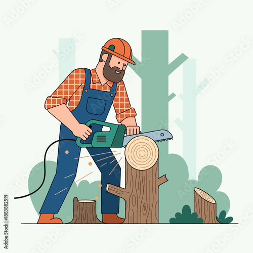 Lumberjack cutting tree with chainsaw in forest, flat illustration