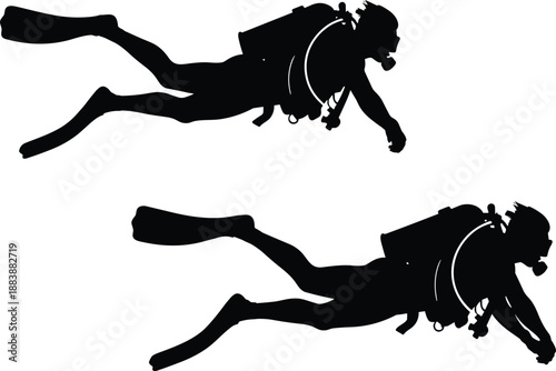 Silhouette of scuba diver swimming underwater with diving equipment, black shadow illustration representing extreme sport, ocean exploration, adventure lifestyle, and professional diving activity