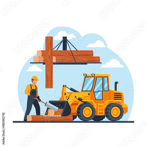 Construction worker with loader moving timber logs at a worksite