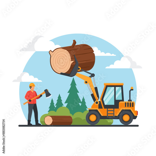 Logger using excavator to lift large log, forestry concept illustration