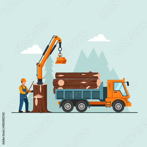 Logger operating excavator loading logs onto truck in forest setting