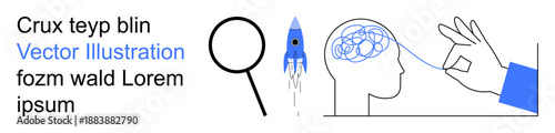 Education, creativity, problem solving, innovation, knowledge, exploration. A magnifying glass, rocket hand untangling a brain. Exploration and problem solving concept