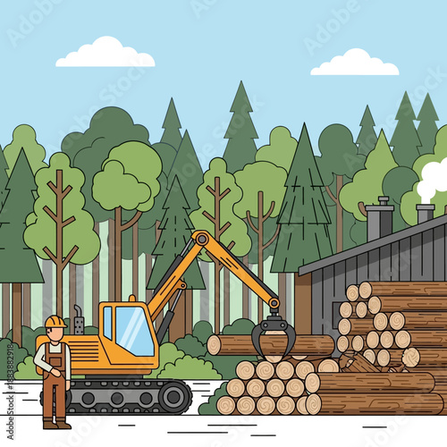 Logging industry: excavator loading logs next to lumber mill and forest