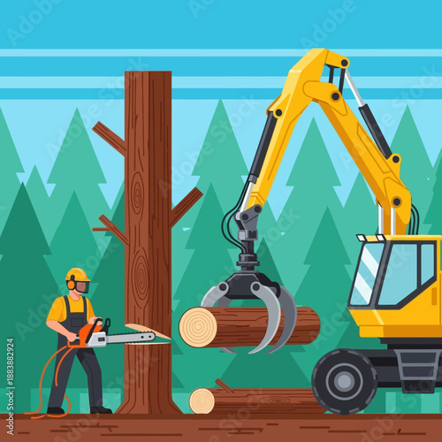 Forestry worker with chainsaw and excavator logging in forest