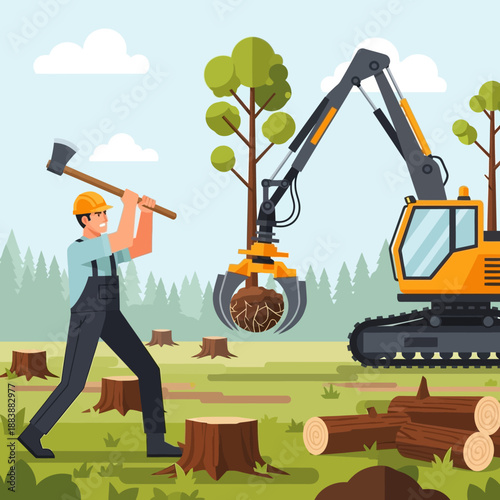 Lumberjack and Excavator Logging Forest, Tree Cutting and Wood Industry