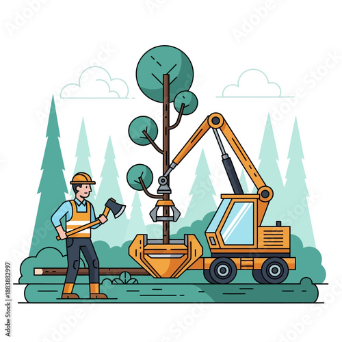 Forester and Harvester Machine Logging Tree in Forest