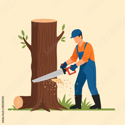 Lumberjack with Chainsaw Cutting Down Tree Trunk, Woodworking, Forest Service