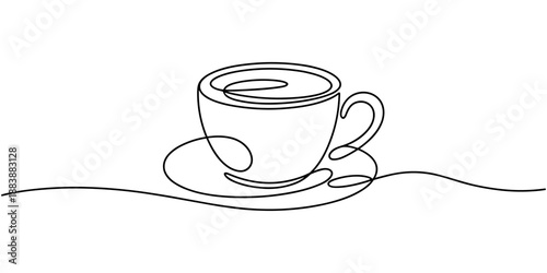 Continuous one line drawing of a hot beverage cup with a flowing wavy underscore suggesting warmth and inviting a relaxing coffee break for various branding and decorative purposes