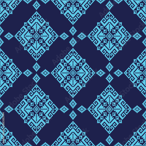 Traditional ethnic geometric pattern in blue tones, inspired by tribal weaving and folk textile design. Seamless decorative background.