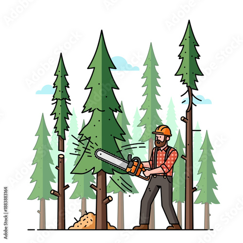 Lumberjack cutting down a tree with a chainsaw in a forest, flat design illustration