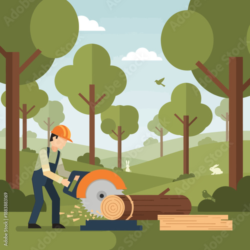 Lumberjack cuts log with circular saw in forest, flat vector illustration
