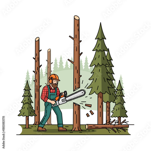 Lumberjack cutting tree with chainsaw in forest, deforestation concept, flat design