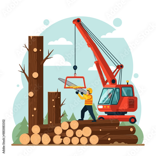 Logger with Chainsaw and Crane Operating in Forest Logging Industry