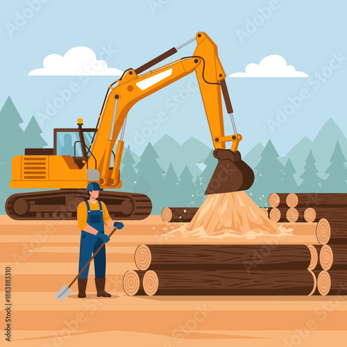 Construction Excavator Machine Working on Forest Logging Site with Worker
