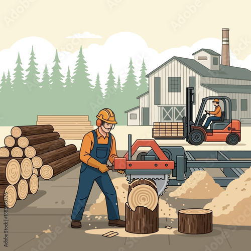 Woodworking factory with worker sawing logs and forklift moving lumber