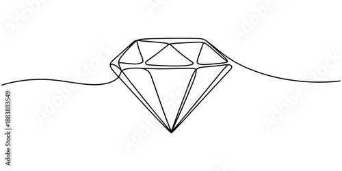 Continuous one line drawing of diamond. One line drawing illustration of diamond jewellery, Diamond one line drawing. Gem symbol continuous line illustration isolated on white background.