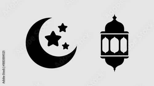 Black and white crescent moon with stars and lantern symbol