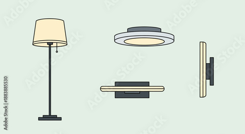 Collection of modern minimalist light fixtures including floor lamp, ceiling light, wall mounted lamp, and sconce in simple line art style.