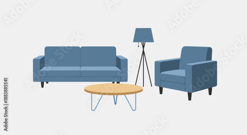 Modern living room furniture set with blue sofa, armchair, coffee table and lamp on a clean white background for interior design inspiration.