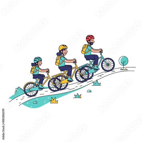 Family cycling uphill on a sunny day, diverse parents and kids riding bikes outdoors