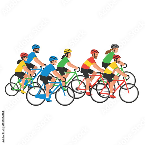 Diverse group of cyclists riding bicycles in a race or group tour
