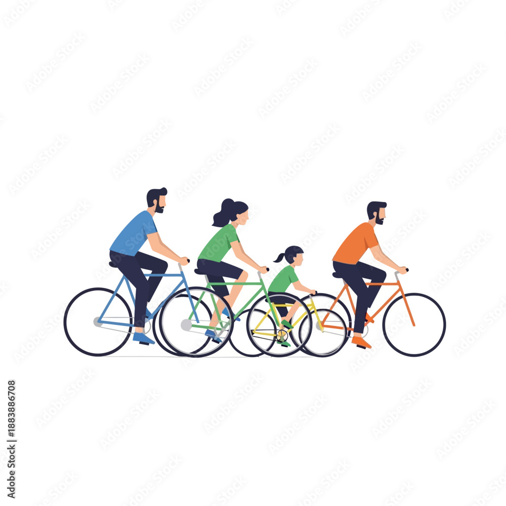 Obraz premium Family Cycling Together: Parents and Children on Bicycles, Outdoor Activity, White Background