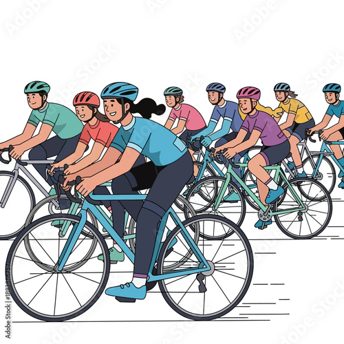 Diverse Group of Cyclists Racing with Enthusiasm on a White Background