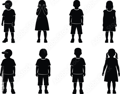 Black silhouette of children collection isolated on white background standing in various poses including young boys and girls in summer clothes for graphic design
